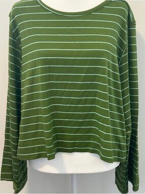Anthropologie Olive Green and White Striped Long-Sleeve Tee